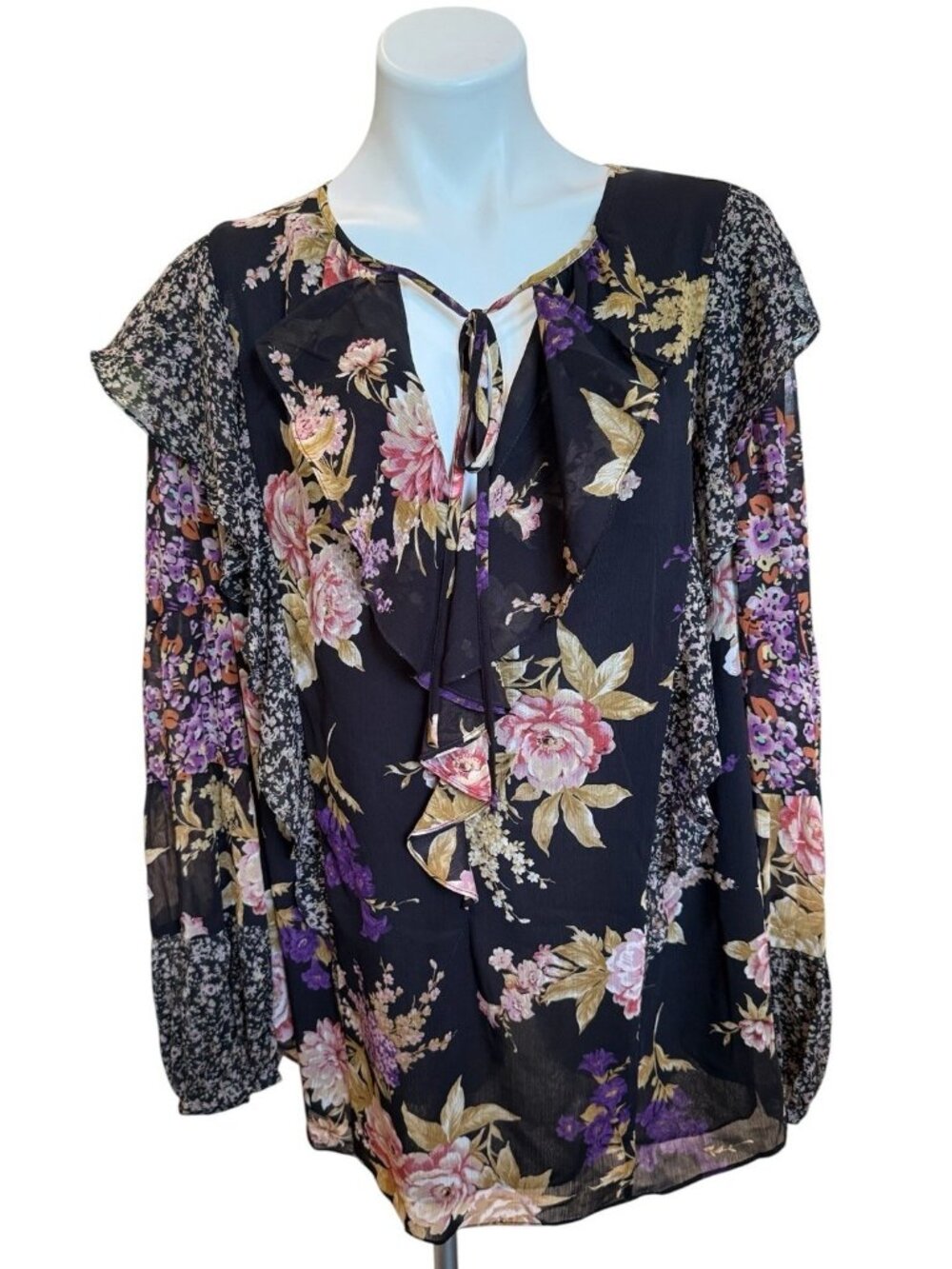 Ralph Lauren 3X Top Blouse Plus Size Shirt Black Floral Patchwork *T14